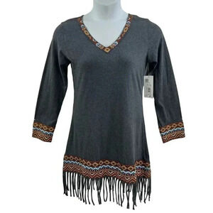 Scully NWT Women Dress S Gray Aztec Tribal Fringe Trim Sheath Long Sleeve Native